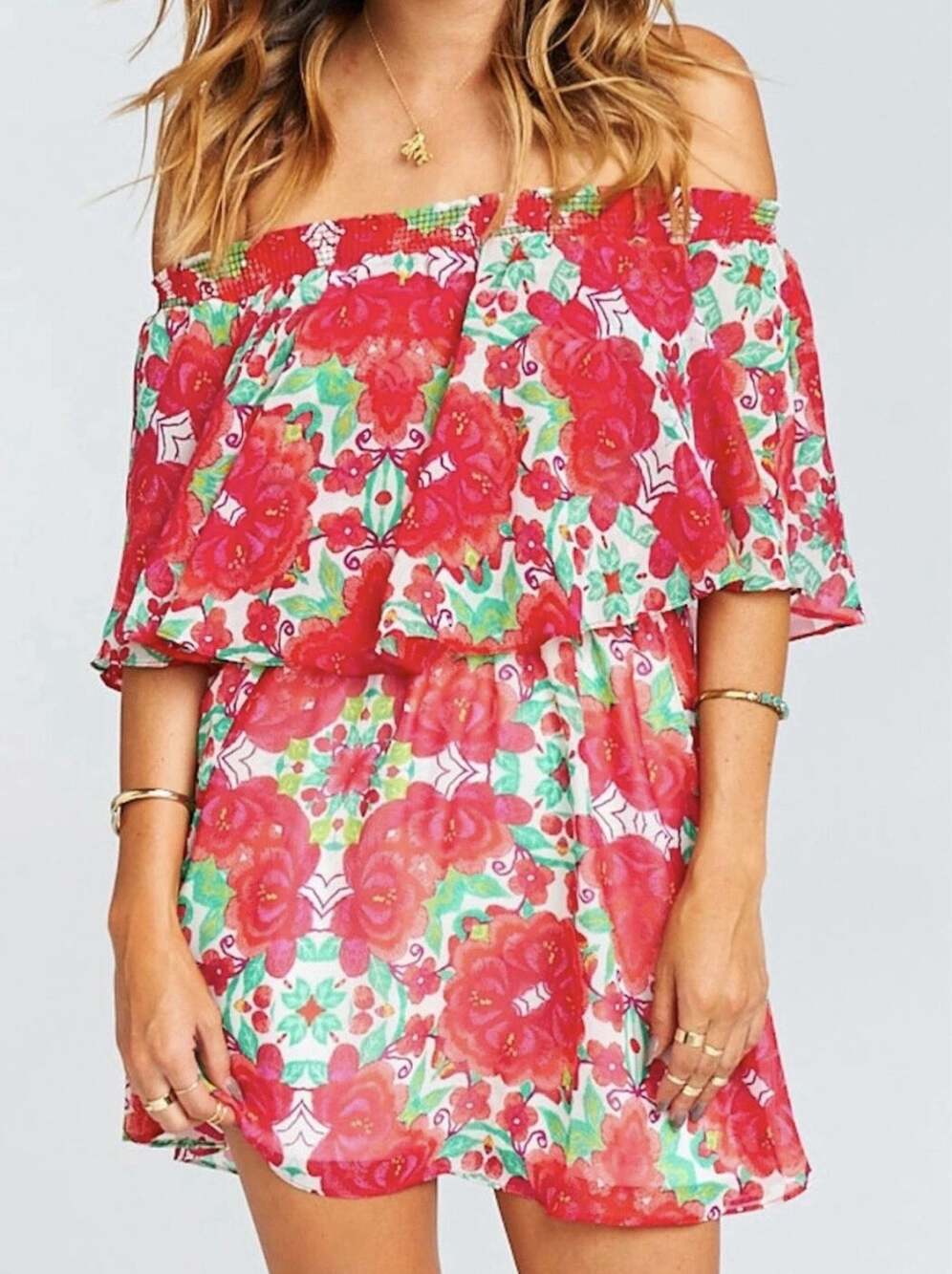 Show Me Your Mumu Casita Off the Shoulder Floral Mini Dress Sz Medium Red Green
